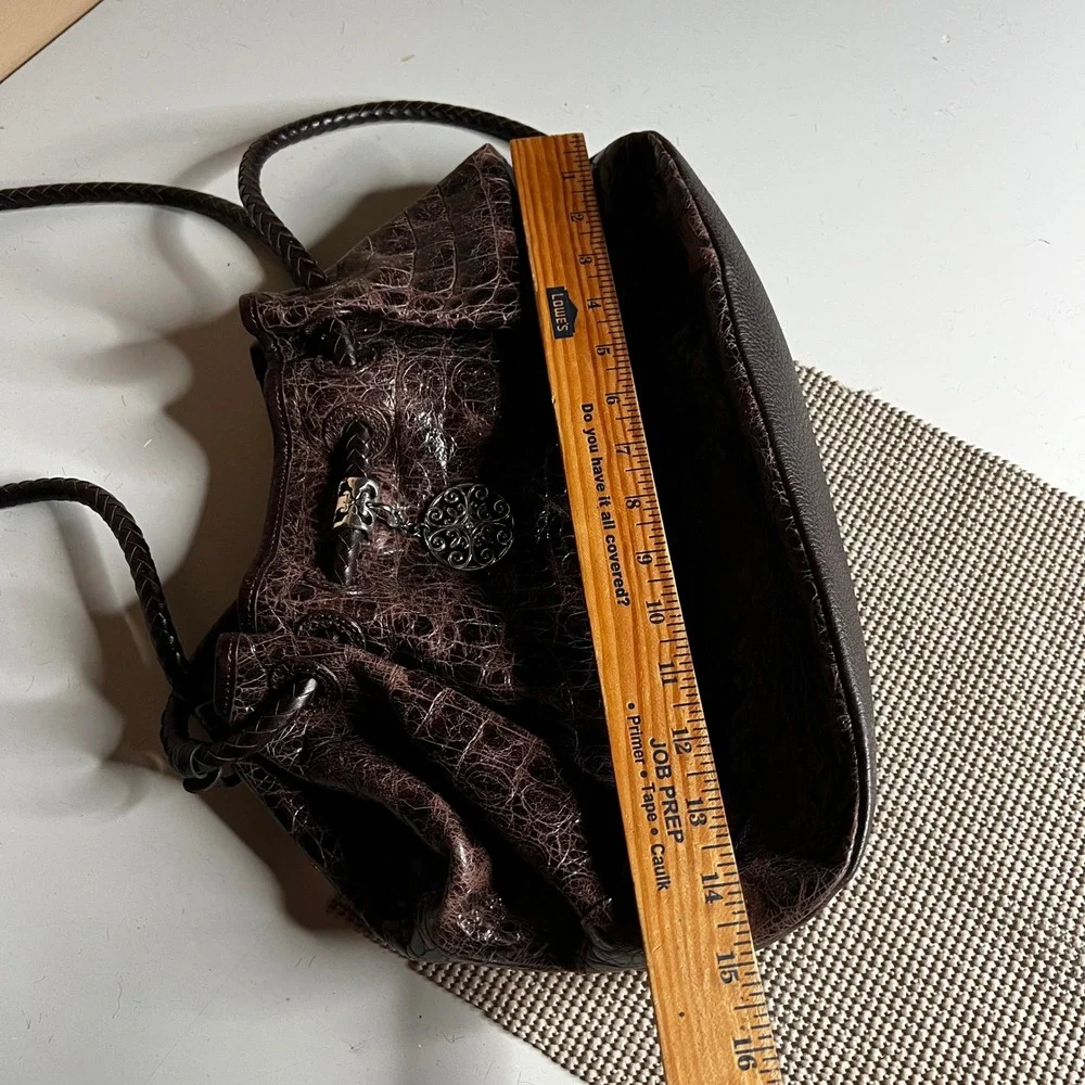 Brighton Croc Embossed Brown Leather Shoulder Bag Braided Strap Heart Charm